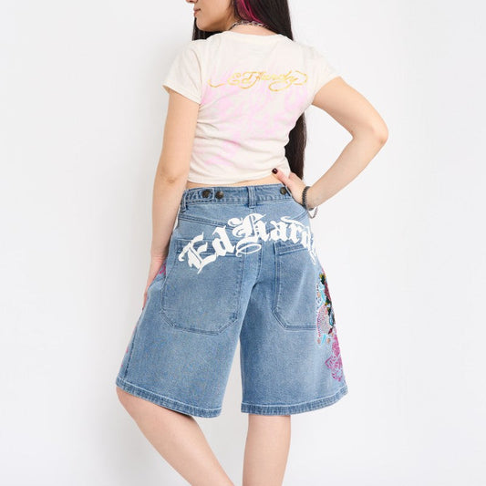 Flower Diamond Embroidered Denim Shorts
