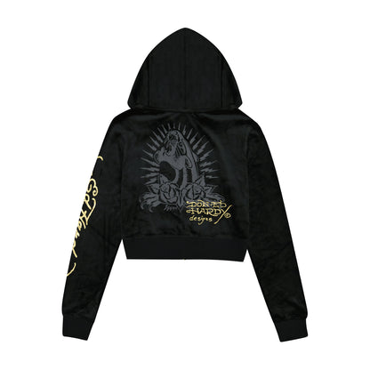 Amor Butterfly Velour Zip Front Hoodie