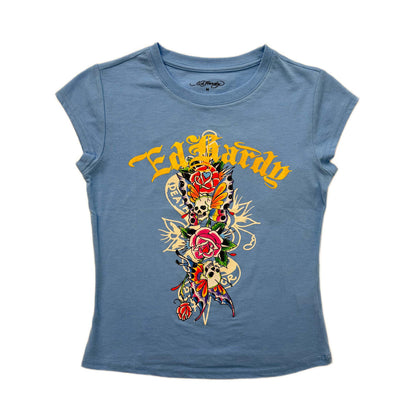Flower Skulls Cap Sleeve Fitted Tee