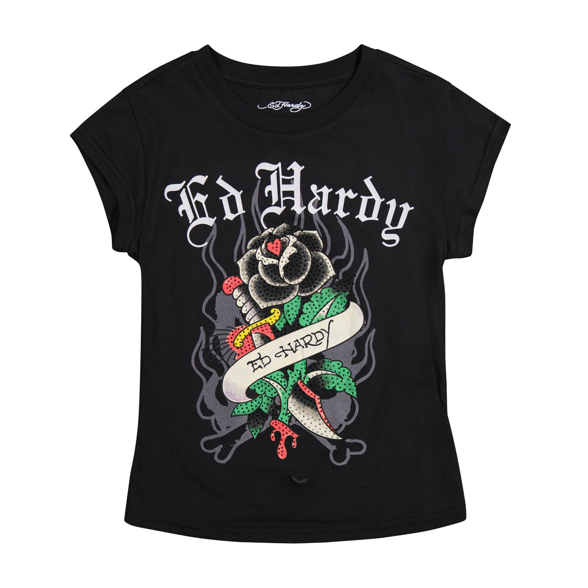 Black Rose Rhinestone Cap Sleeve Tee