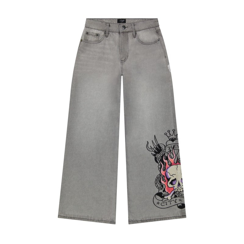 Pink Skull Flame Baggy Jeans
