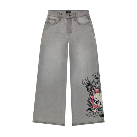 Pink Skull Flame Baggy Jeans