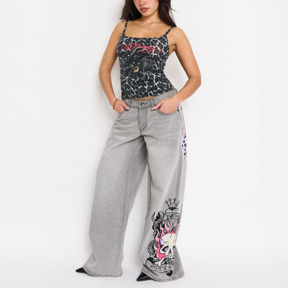 Pink Skull Flame Baggy Jeans